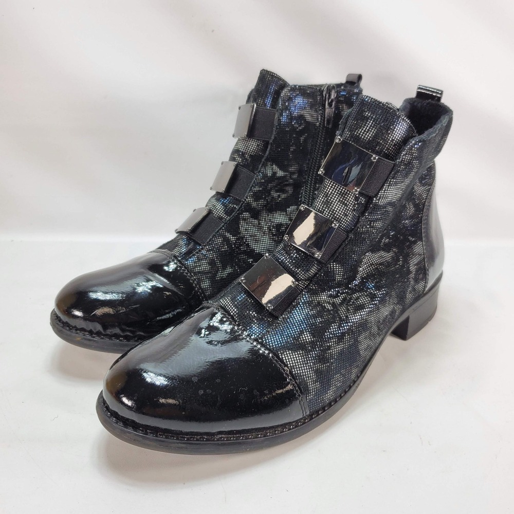 Remonte Ankle Boots Women 38 Black‎ Patent Metallic Buckle Floral Zip D8818-03